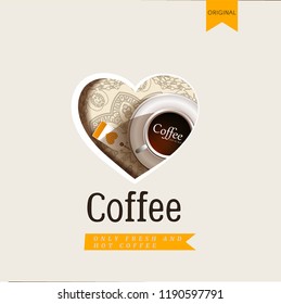 Coffee shop logo and menu design vector brochure template. Coffee bean silhouette.