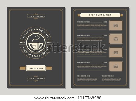 Coffee shop logo and menu design vector brochure template. Coffee cup silhouette.
