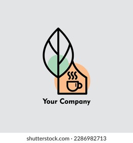 coffee shop logo with a minimalist concept, there is a line of houses and leaves depicting the coolness of the coffee shop