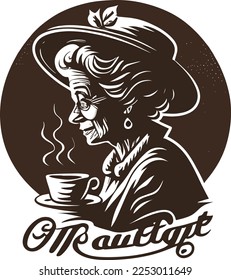 a coffee shop logo of an old woman with a cup of coffee, cartoon style, silhouette