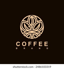 Coffee shop logo. Retro badge coffee beans and leaf branch with natural natural icon line stamp logo vector design modern hipster vintage style. Premium coffee shop bar brand symbol icon.