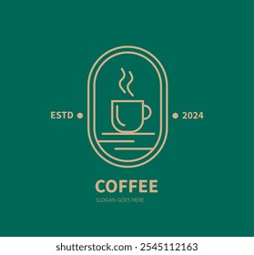 Coffee shop logo. Silhouette of cup with hot drink. Logotype and emblem. Corporate branding for company or organization. Poster or banner. Flat vector illustration isolated on green background