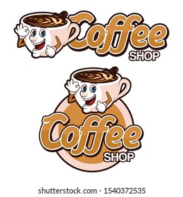 Coffee Shop logo template, with funny cup character cartoon