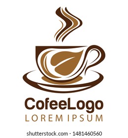 Coffee shop logo template, natural abstract coffee cup with steam, coffee house emblem, creative cafe logotype, modern trendy symbol design vector illustration isolated on white background sign