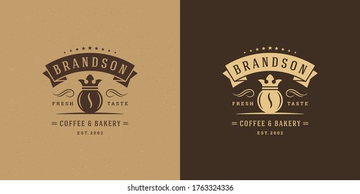 Coffee shop logo template vector illustration with bean silhouette good for cafe badge design and menu decoration. Retro typography emblem.