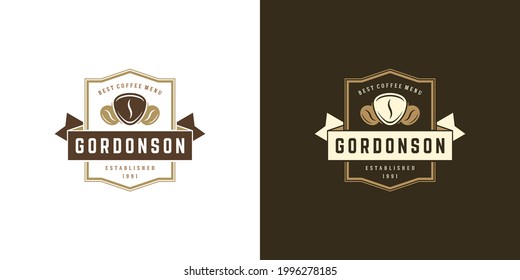 Coffee shop logo template vector illustration with bean silhouette good for cafe badge design and menu decoration. Retro typography emblem.