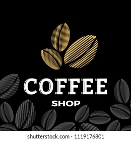 Coffee shop logo with three beans with color gold on black background can use for cafe and business.