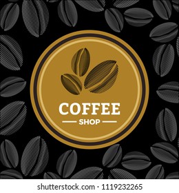 Coffee shop logo with three beans in round shape in color gold on black background can use for cafe or business