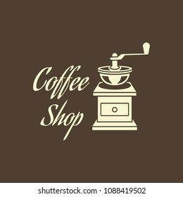 Coffee shop logo - vector illustration, emblem. Flat Design on brown background. Coffee grinder icon. Suitable for logotype for coffeine, cafe, coffe house