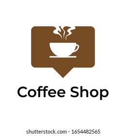 Coffee shop logo vector illustration, a glass of warm coffee on a plate in a chat balloon