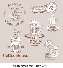 Coffee Shop Logos, Badges and Labels Design Elements set. Cup, beans, cafe vintage style objects retro vector illustration.