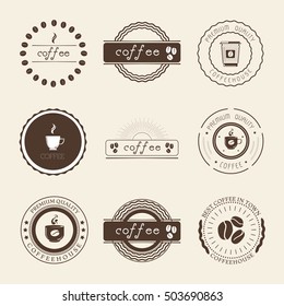 Coffee Shop Logos, Badges and Labels Design Elements set. Cup, beans, cafe vintage style objects retro vector illustration.