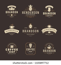 Coffee shop logos design templates set vector illustration. Good for cafeteria signages and cafe label and badges. Retro typography emblems.