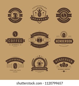 Coffee shop logos design templates set vector illustration. Good for cafeteria signages and cafe label and badges. Retro typography emblems.