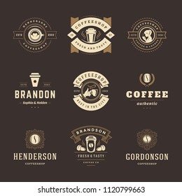 Coffee shop logos design templates set vector illustration. Good for cafeteria signages and cafe label and badges. Retro typography emblems.
