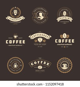 Coffee shop logos design templates set vector illustration. Good for cafeteria signages and cafe label and badges. Retro typography emblems.