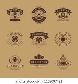 Coffee shop logos design templates set vector illustration. Good for cafeteria signages and cafe label and badges. Retro typography emblems.