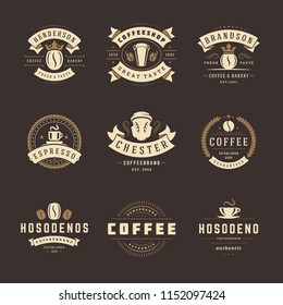 Coffee shop logos design templates set vector illustration. Good for cafeteria signages and cafe label and badges. Retro typography emblems.