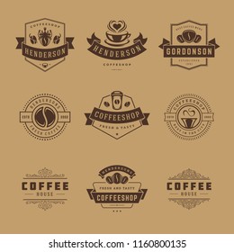 Coffee shop logos design templates set vector illustration. Good for cafeteria signages and cafe label and badges. Retro typography emblems.