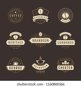 Coffee shop logos design templates set vector illustration. Good for cafeteria signages and cafe label and badges. Retro typography emblems.