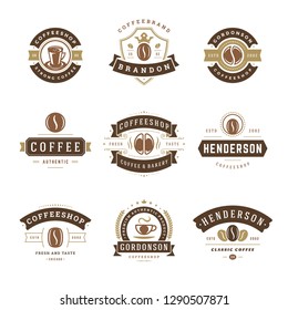 Coffee shop logos design templates set vector illustration. Good for cafeteria signages and cafe label and badges. Retro typography emblems.