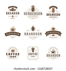 Coffee shop logos design templates set vector illustration. Good for cafeteria signages and cafe label and badges. Retro typography emblems.