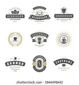 Coffee shop logos design templates set vector illustration for cafe badge design and menu decoration. Retro typographic emblems and symbols.