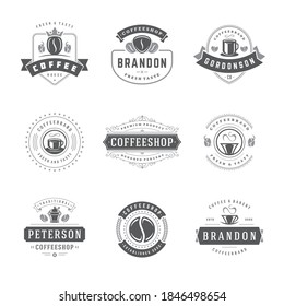 Coffee shop logos design templates set vector illustration for cafe badge design and menu decoration. Retro typographic emblems and symbols.