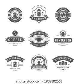 Coffee shop logos design templates set vector illustration for cafe badge design and menu decoration. Retro typographic emblems and symbols.