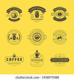 Coffee shop logos design templates set vector illustration for cafe badge design and menu decoration. Retro typographic emblems and symbols.