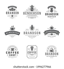 Coffee shop logos design templates set vector illustration for cafe badge design and menu decoration. Retro typographic emblems and symbols.