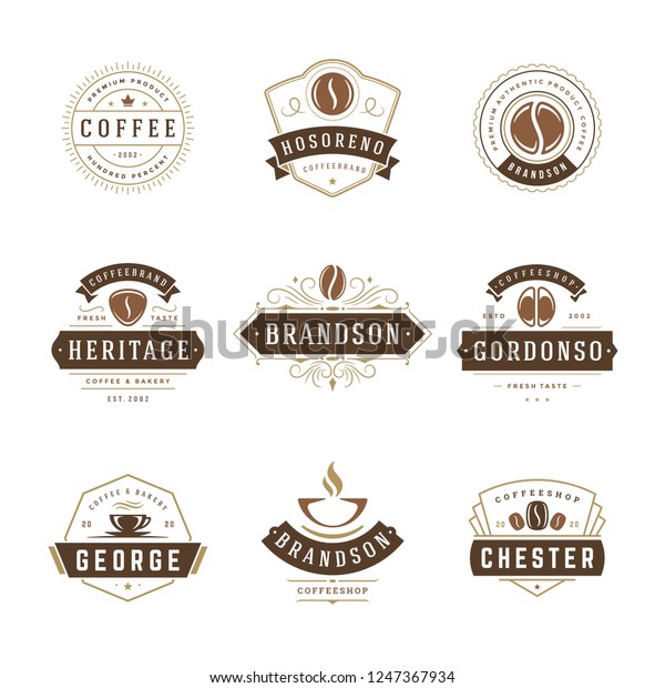 喫茶店のロゴデザインテンプレートセットベクターイラスト カフェテリアの看板やカフェのラベルとバッジに最適 レトロ なタイポグラフィーの染色 のベクター画像素材 ロイヤリティフリー