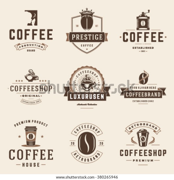コーヒーショップのロゴテンプレートセット 白い背景に豆のシルエット ラベル バッジ ロゴデザインのベクター画像オブジェクト コーヒーのロゴ ビーンのロゴ コーヒー豆のシンボル レトロなロゴ ビーンのアイコン のベクター画像素材 ロイヤリティフリー