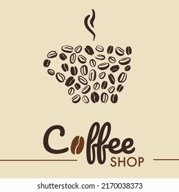 Logotipo de cafetería de granos de café en forma de taza. Ilustración dibujada a mano vectorial en color marrón para el paquete de café, papel tapizado, papel envolvente, menú.