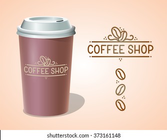 Coffee Shop Logotype On Takeaway Paper Cup. Hot Beverage Cardboard Mug Mockup. Logo Sign Vector Illustration.