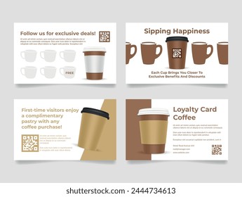 Coffee shop loyalty card bonus program design template set vector illustration. Fresh morning caffeine drink hot beverage take away special offer for get free coupon cafe voucher for sale discount