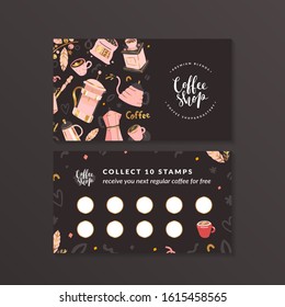 Coffee shop loyalty card, customer program for cafe. Layout with blank space for stamps, special offer to collect stamps, buy 9 get one drink free. Modern  design with colorful handdrawn illustrations