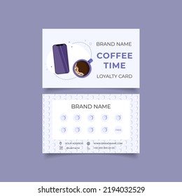 Coffee shop loyalty card, customer program for cafe. Layout with blank space for stamps, special offer to collect stamps, buy 9 get one drink free. Smartphone with coffee shop app and black coffee mug