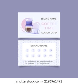 Coffee shop loyalty card, customer program for cafe. Layout with blank space for stamps, special offer to collect stamps, buy 9 get one drink free. Chemex coffeemaker with cup of coffee and saucer