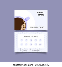 Coffee shop loyalty card, customer program for cafe. Layout with blank space for stamps, special offer to collect stamps, buy 9 get one drink free. Cup of black coffee and seamless pattern