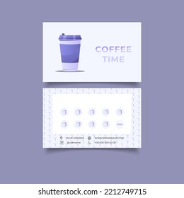 : Coffee shop Loyalty card. Customer program for cafe. Layout with blank space for stamps, special offer to collect stamps, buy 9 get one drink free. Paper coffee cup, stamp and seamless pattern