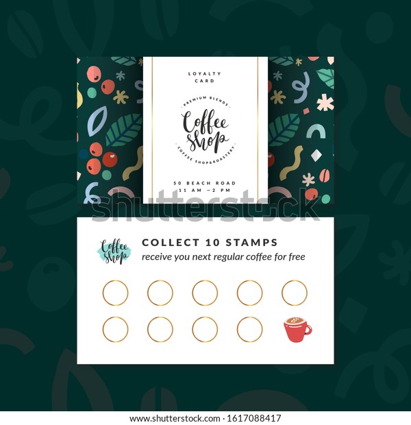 Coffee\
shop loyalty card, discount coupon for collection stamps, buy 9,\
get one drink for free. Pre-made vector layout, modern design with\
illustrations and logo, good for cafeteria or\
cafe