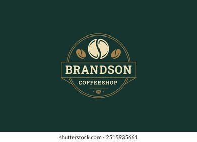 Coffee Shop Luxus Kreis Retro-Logo-Design-Vorlage mit Bohnen Vektor flache Illustration. Traditionelle morgens Coffein trinken Getränk heißes Aroma cappuccino americano latte minimalistischen logotype