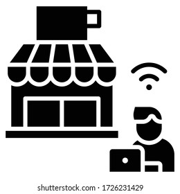 Coffee shop with man and laptop, work from cafe vector illustration