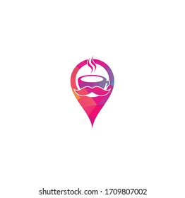 Coffee shop map pin shape concept logo vector illustration. Mr coffee shop logo. 