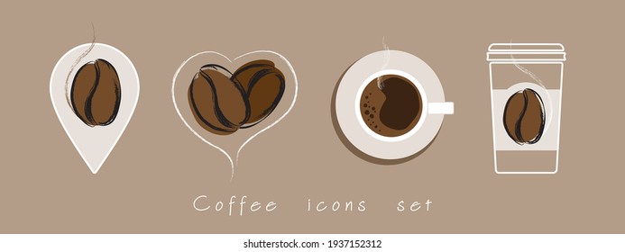 Coffee shop map pointer mark , scented coffee beans in heart shape, coffee cup, coffee take away, flat hand drawn style minimal vector modern icons set. Collection for cafe, restaurant menu, media ad