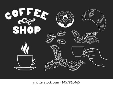 Coffee shop menu background concept. Vector banner template with branches, beans, cups, donut and croissant. 