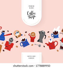 Coffee shop menu cover template with lettering, modern design with hand drawn doodle illustrations, restaurant or cafe menu, drawings of coffee mugs and cups, barista utensils