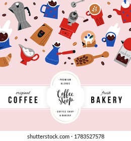 Coffee shop menu cover template with lettering logo, trendy design with hand drawn doodle illustrations, restaurant or bakery menu, drawings of coffee mugs and cups, barista utensils