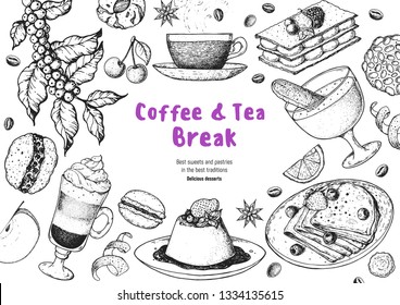 Coffee shop menu design. Hand drawn sketch illustration. Coffee, tea and desserts. Cafe menu elements. Desserts for breakfast.